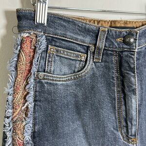 Etro High Rise Straight Leg Jeans Womens Fringe Raw Edge Paisley Detail 27 US 4